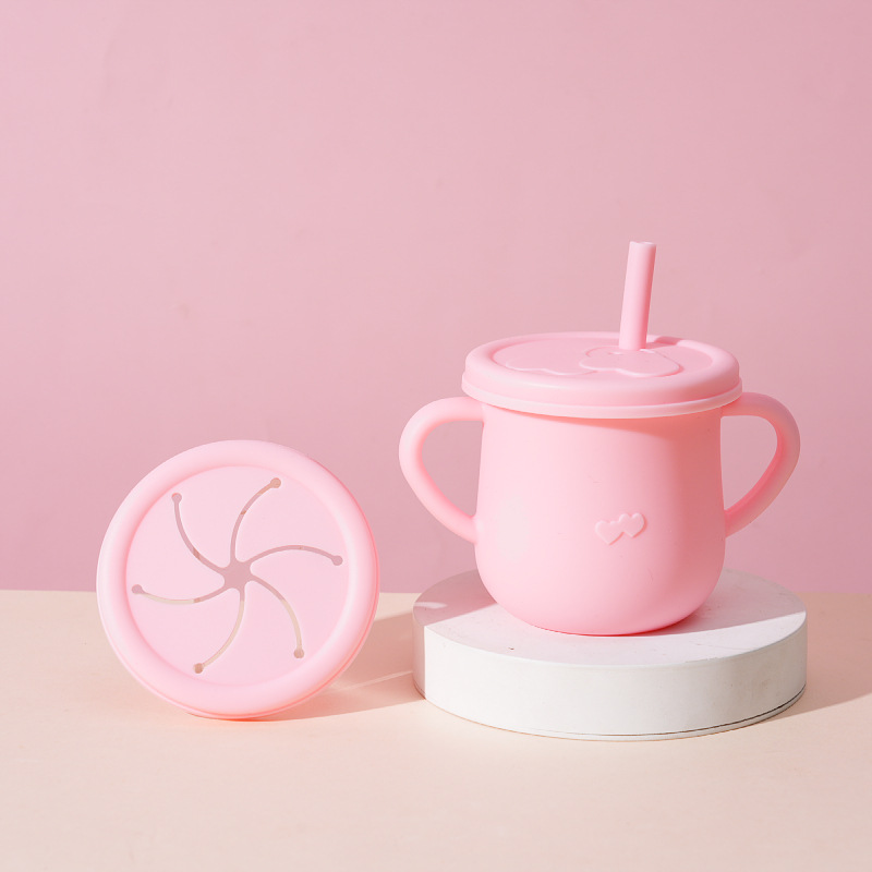 Taza de bebé de silicona transfronteriza con cubierta de bocadillos, taza de paja de grado alimenticio para niños, taza de bebida anti-caída para bebés