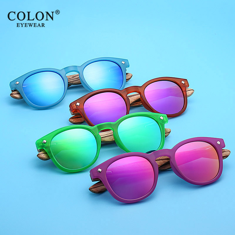 2021竹木兒童太陽鏡偏光炫彩男孩眼鏡圓形木制女孩米釘墨鏡