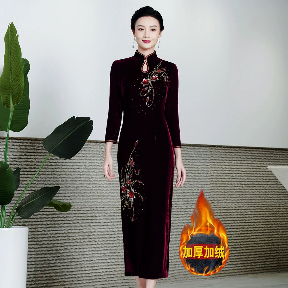 Поколение высококачественного бархатного Чонсам в Шэньчжэне, осенне-зимнее ретро-платье больших размеров, утолщенное Счастливое Платье-теща на флисовой подкладке