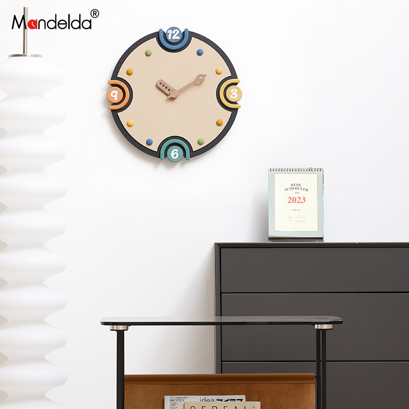 Mandelda Punch-free Modern Simple Wall Clock Living Room Home Cream Style Clock TVCabinet Entrance Decoration