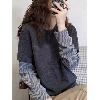 加厚款磨毛假两件德绒条纹长袖t恤女2026新款百搭深灰色上衣秋季