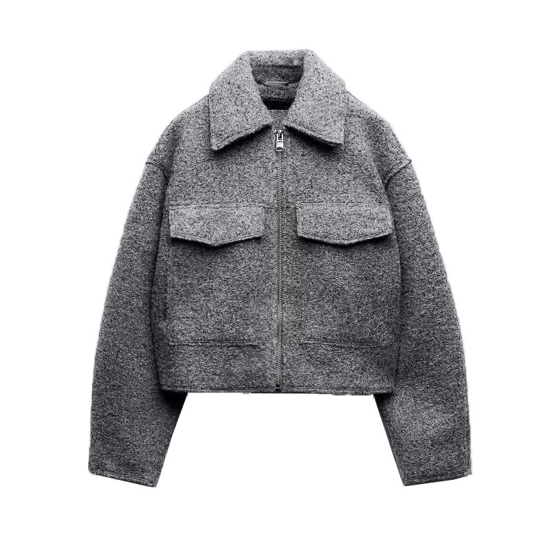 Damkläder långärmad kavaj lös stor ficka i ylle, kort jacka _voghion.com