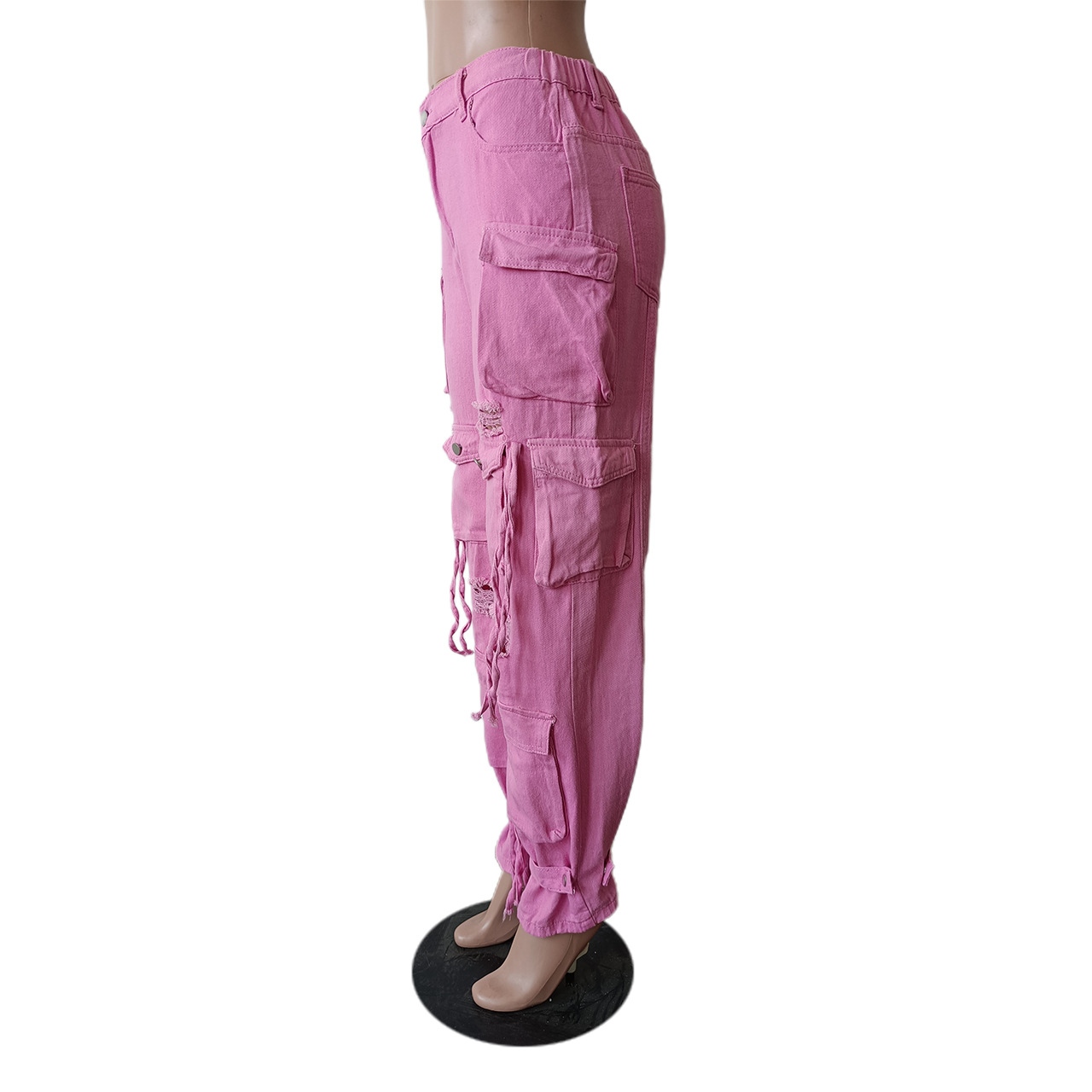 امرأة اليومي أسلوب بسيط اللون الصامد مكتمل الطول جيب ممزق جينز display picture 3