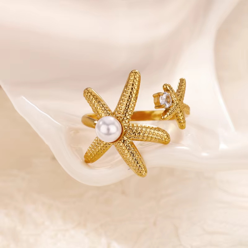 Open Rings Classification PVD Coated Real Gold Plated Starfish Shell 304 Stainless Steel Elegant Lady Waterproof Non Tarnish Open Rings