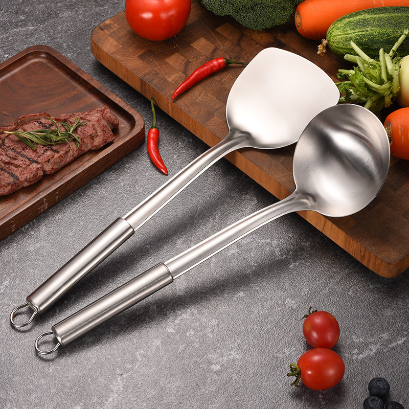 Juego de utensilios de cocina de acero inoxidable con espátula, pala de cocina, cuchara, colador, cuchara, cuchara, pala de freír de tubo redondo, lote de 6 piezas