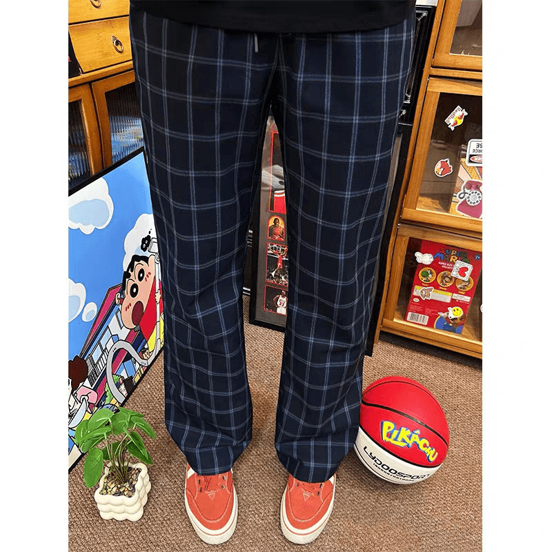 Navy Blue Contrast Retro Plaid Casual Long Pants Men's American Cleanfit Straight Pants Sports Pants Navy Blue Contrast Retro Plaid Casual Long Pants Men's American Cleanfit Straight Pants Sports Pants