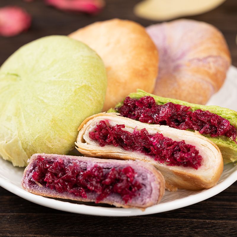 鲜花饼紫薯充饥糕点代餐早餐面包休闲食品零食整箱抹茶味酥皮馅饼