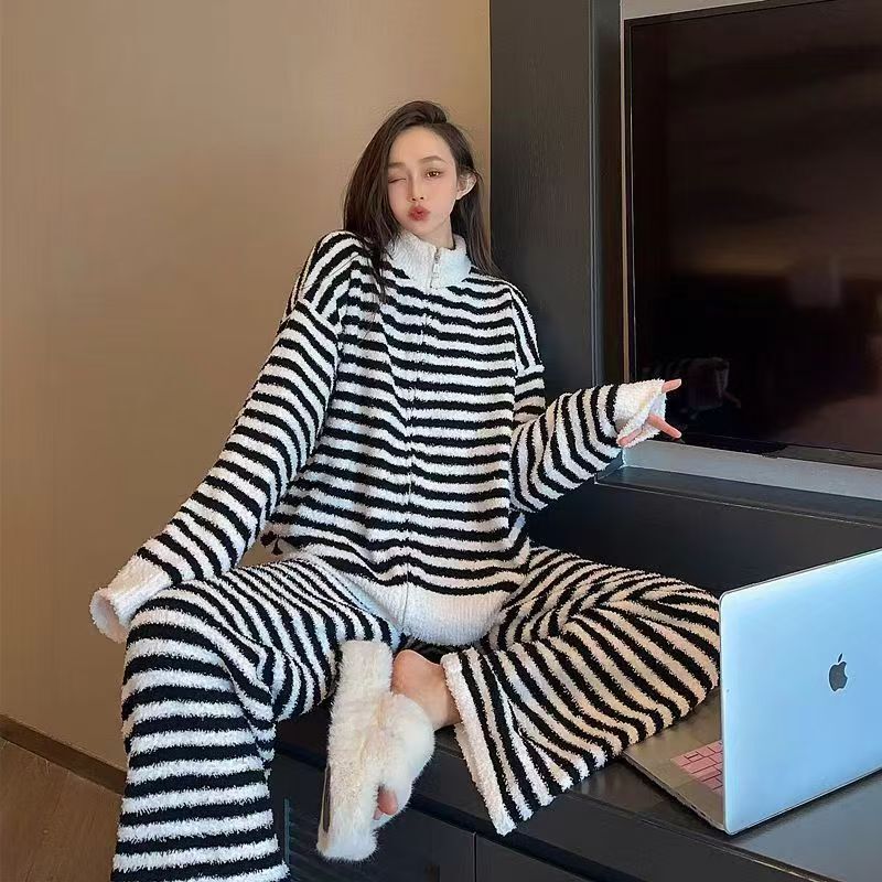 半边绒睡衣女冬季2025新款加厚加绒珊瑚绒家居服套装秋冬天可外穿|undefined