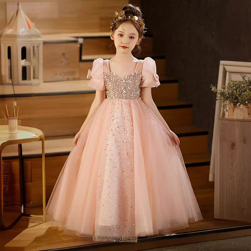 女童礼服春夏儿童轻奢公主裙粉色女孩主持人钢琴演出服生日晚礼服
