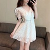 Summer low cut and slim looking lace dress with large hem