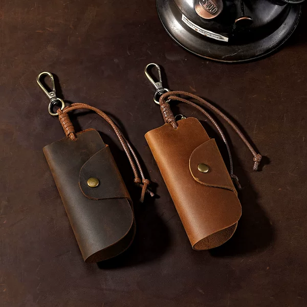 European and American Full Crazy Horse Leather Men's and Women's Car Key Bags Retro First-Layer Cowhide Door Key Storage and Protection Leather Case