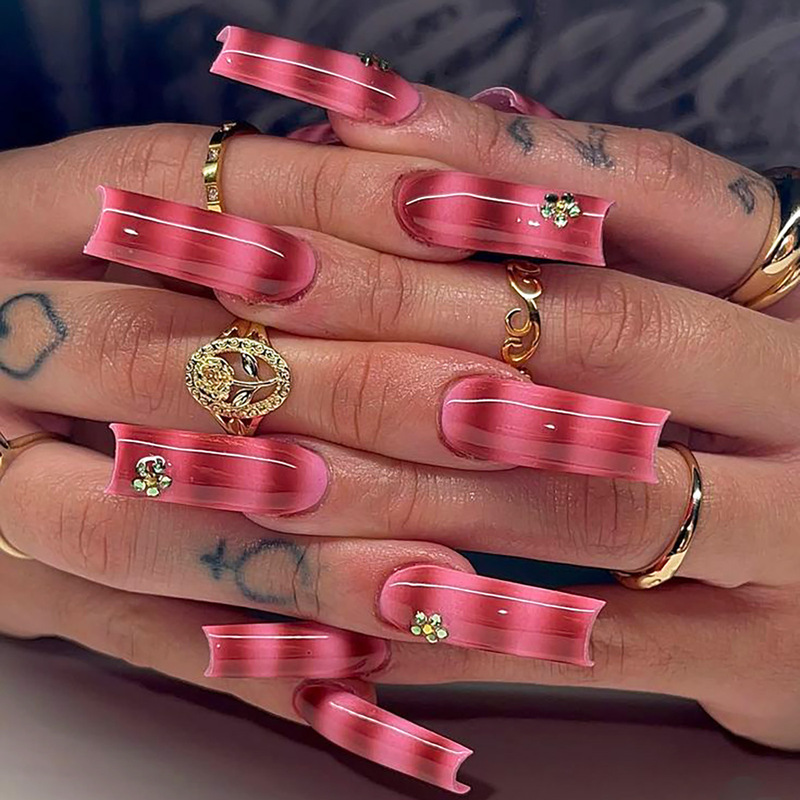 European and American Hot-Selling Temperament High-End Super Flash Diamond Matte Wavy Striped Long Water Pipe Wearable Nail Manufacturer Wholesale