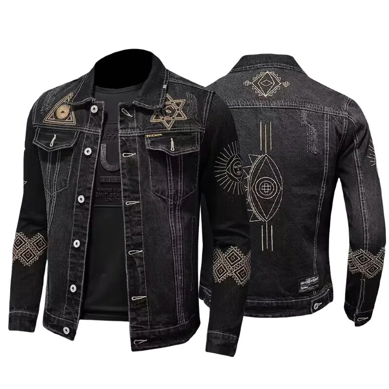European and American Style Denim Outer Retro Embroidery Korean Style Slim Fashion Trendy Motorcycle Short Jacket Men's Jacket Top