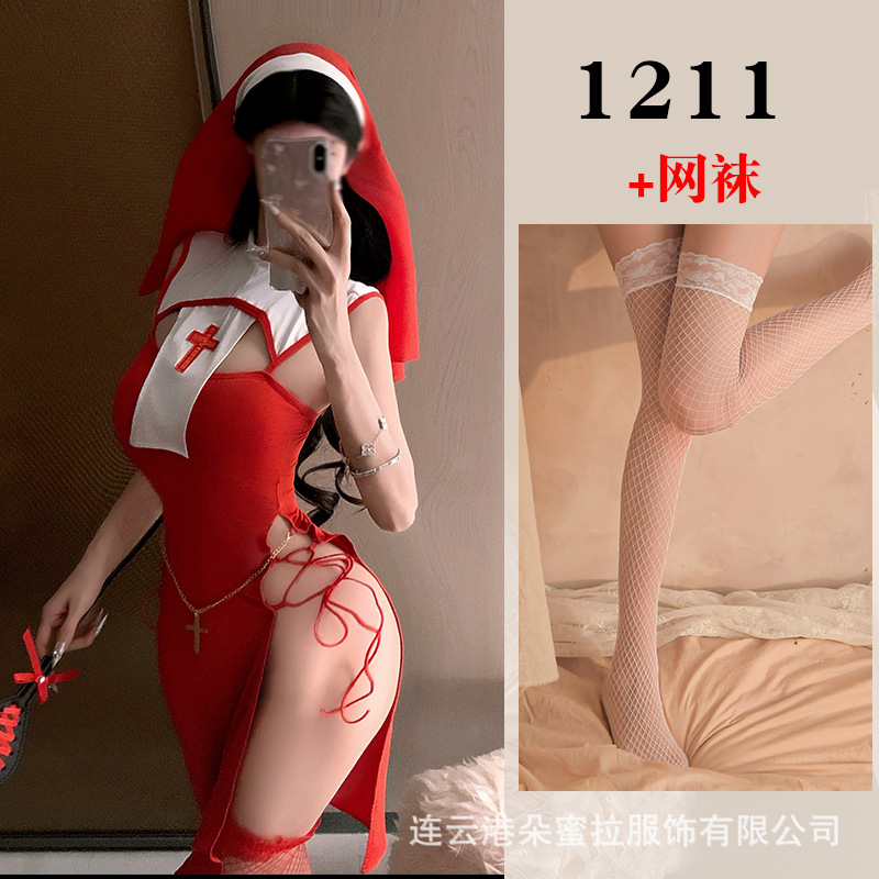 수녀 빨간색 + 흰색 망사 스타킹