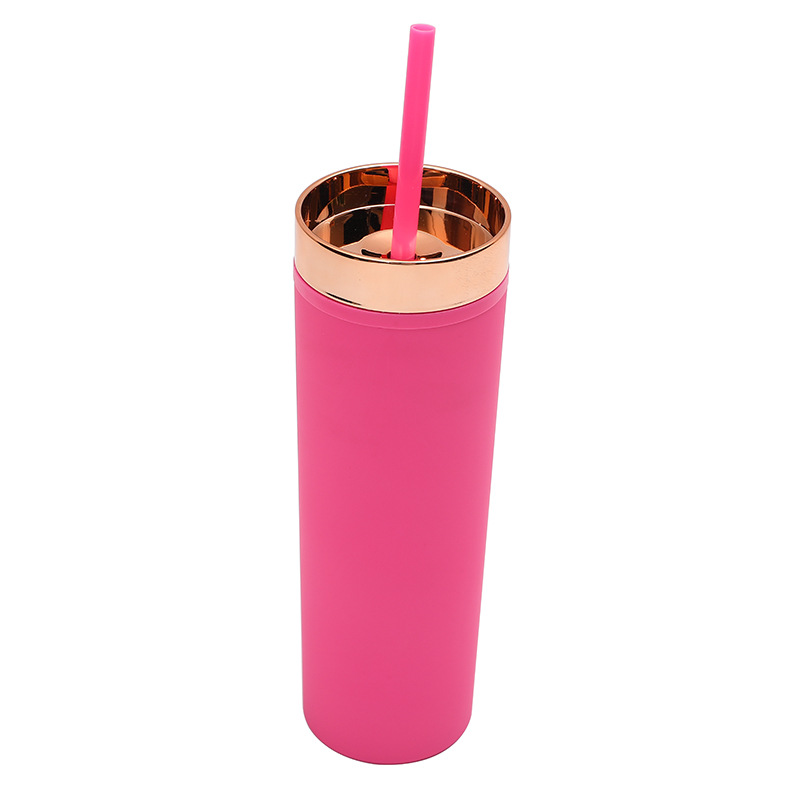 Transfronterizo Amazon Spot 16OZ Taza de paja recta Taza de plástico de doble capa con tapa de oro rosa Taza de agua de pintura de goma esmerilada