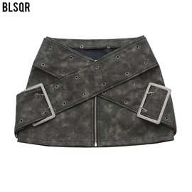 2024外贸批发欧美女装复古工装风拉链腰带饰短款pu皮半身裙Y72253