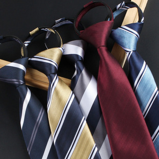 Formal Business Knot-Free Zipper Tie 1200 Stitches Polyester Silk Navy Blue Stripesd Lazy Easy-Pull Tie 8cm