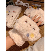 可爱猫咪翻盖毛绒手套女冬季保暖加绒加厚骑车防冻小围巾手套套装