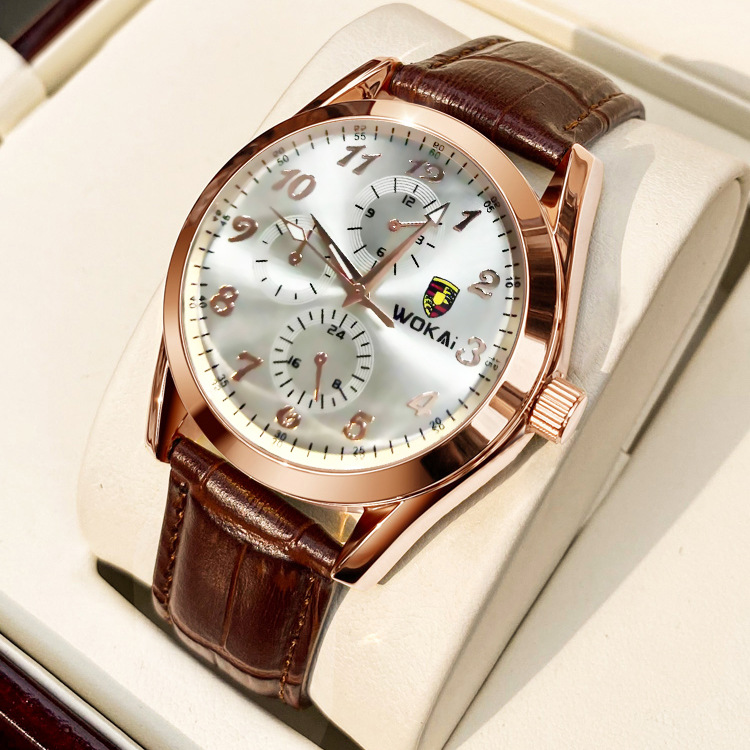 Foreign Trade New Model Wokai Luxury Men's Watch Imitation Leather Strap Quartz Watch Gift Wholesale