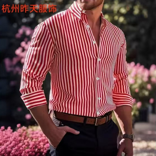 New Men's British Style Long-Sleeve Shirt, Fashionable Leisure Slim Fit Vertical Striped Men's Shirt