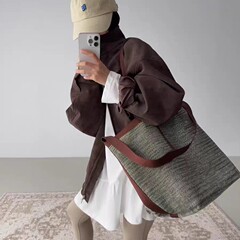 秋冬新款极简韩版时尚大容量织布单肩系带托特包上班通勤旅游休闲