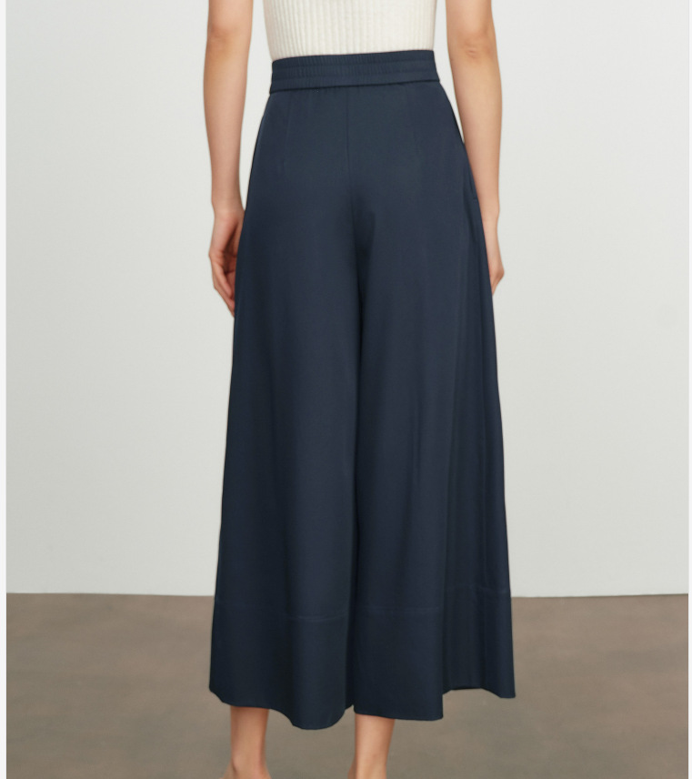 Quần culottes nữ ống rộng dáng suông, cạp cao co giãn, mặc xuân hè — Xanh lông mòng đen chi tiết 6