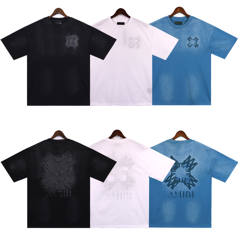 2025 Spring Festival New Amiri Washed T-Shirt Fashionable Crystal Decorative Printing Micro-Label Pattern Men's Casual Short Sleeves