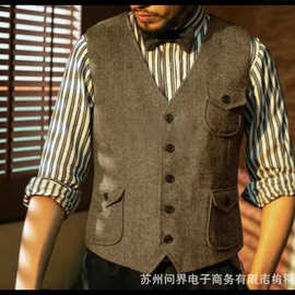 跨境外贸亚马逊速卖通男士马夹人字纹修身单排扣真实口袋休闲马夹