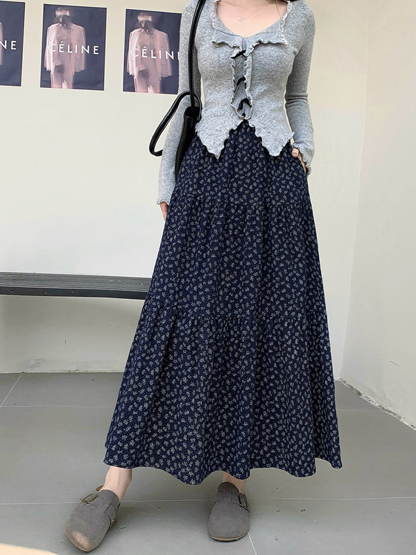复古碎花半身裙女秋季2025新款高腰显瘦垂坠感休闲a字大摆伞裙子|undefined