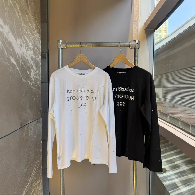 Ac Letter Rhinestone and Silver Print 1996 Long-Sleeve T-Shirt for Women, 2025 Autumn and Winter Loose Retro White Base Shirt Top