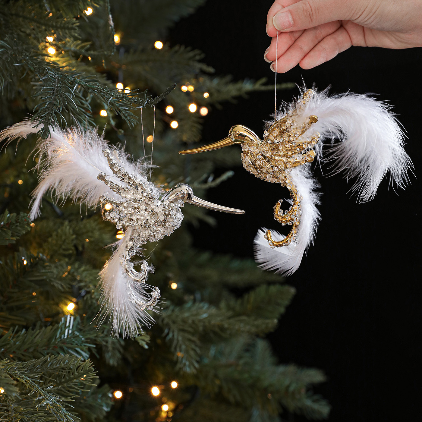 Nuevos colgantes de plumas de plástico colibríes polvo adhesivo brillante árbol de Navidad colgantes decoración colgante en stock