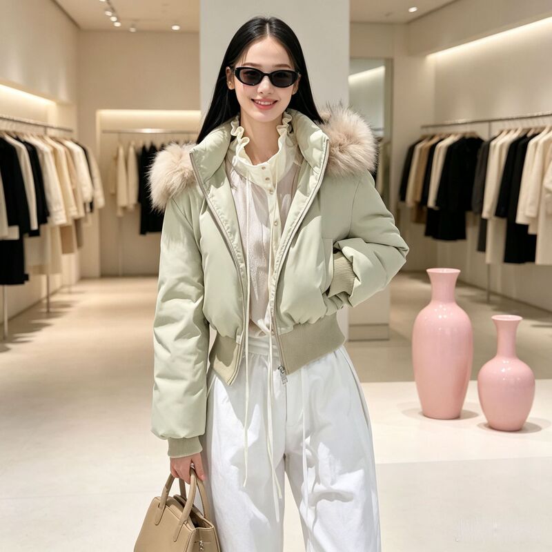 2026 winter new green high-waisted short down jacket with fur collar for petite women, women's winter fitted coat 2026 winter new green high-waisted short down jacket with fur collar for petite women, women's winter fitted coat
