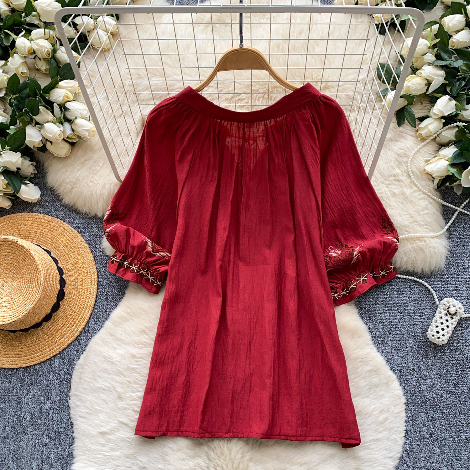 Elegant French Style Blouse for Women Red Embroidered Puff Sleeve Loose Fit Tie Waist Babydoll Top Spring Fashion_ecoleips.com