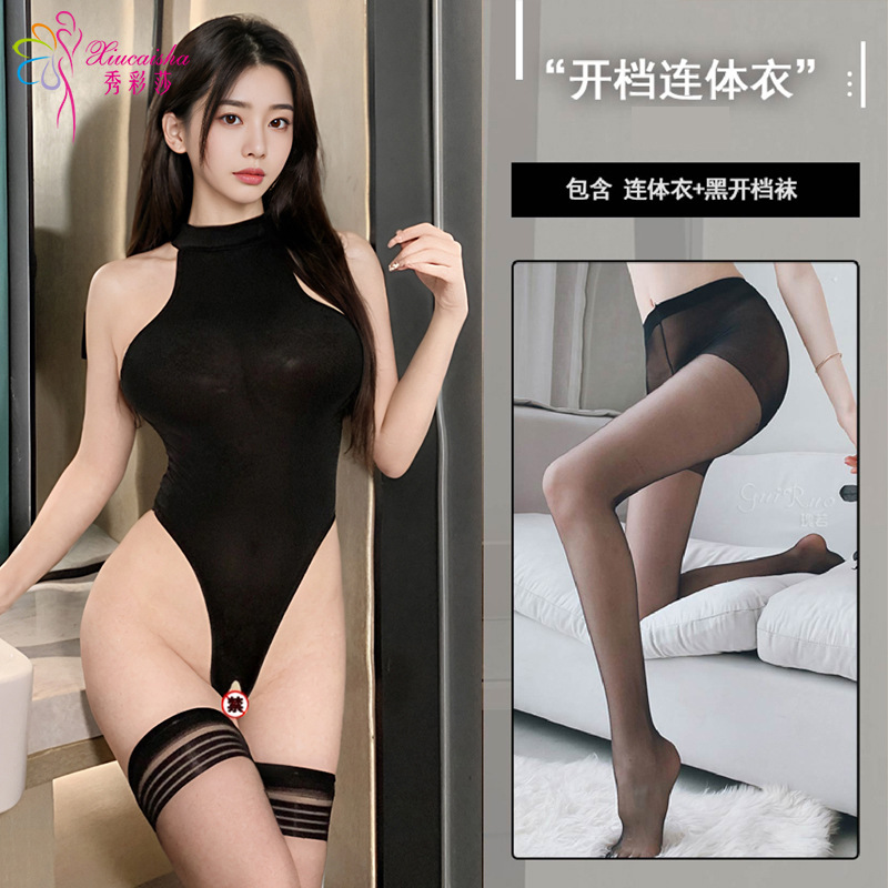 (블랙) 점프 수트 블랙 오픈 스타킹