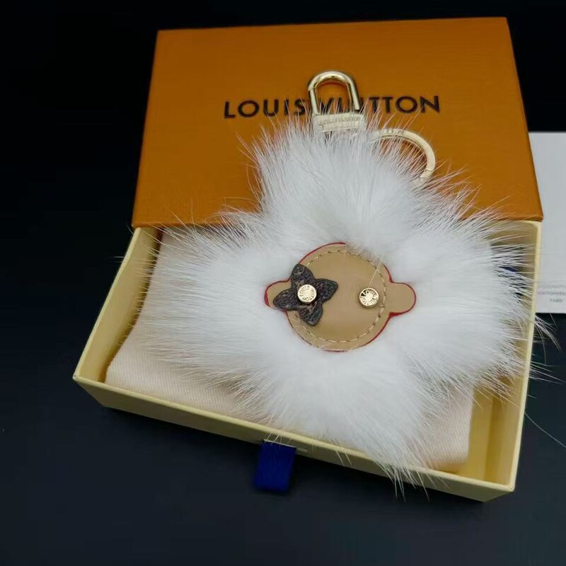 V Brand Sunflower Plush Ball Pendant, White, Mink Fur, Fluffy Fur Ball, Brown Leather Flower Head, Black