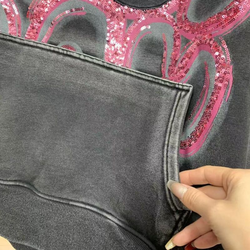 300 jin invierno nuevo lavado de agua bordado sequinilla sonriente más camisa encapuchada retro camisa de manga larga mujer