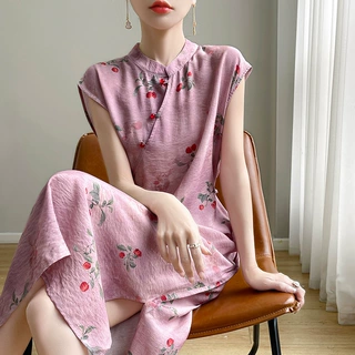 新中式文艺无袖旗袍裙女夏季复古缎面印花国风盘扣短袖连衣裙长裙