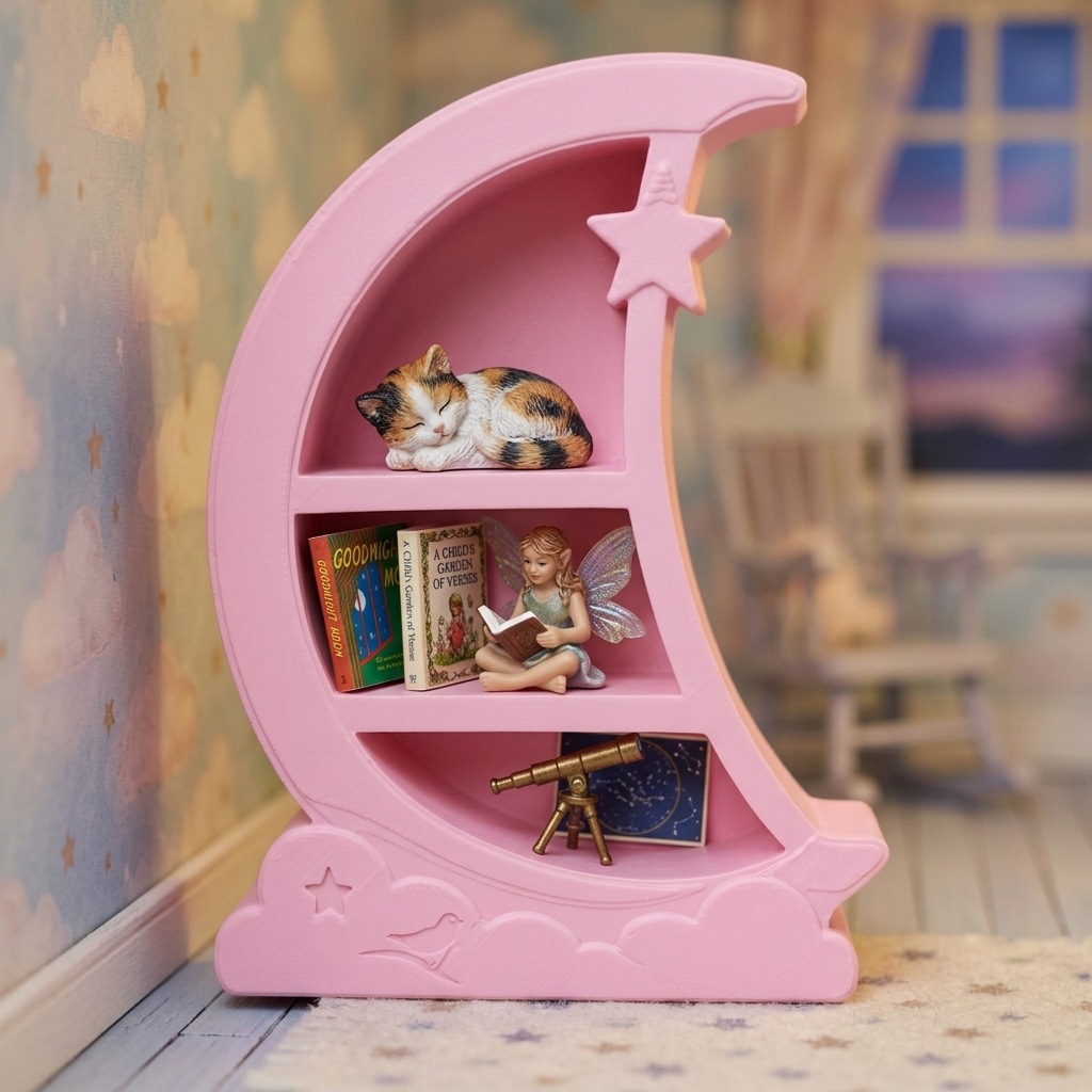 Pink moon stand, 3D printed star-shaped dollhouse, 1:12 scale doll, food toy scene.