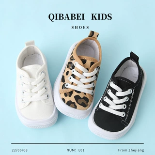 QIBABEI儿童方头帆布鞋2022新款女童豹纹平底板鞋男童低帮休闲鞋