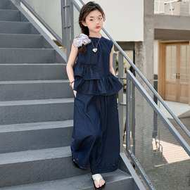 女童牛仔套装2025夏季新款洋气女孩夏装无袖背心牛仔阔腿裤两件套