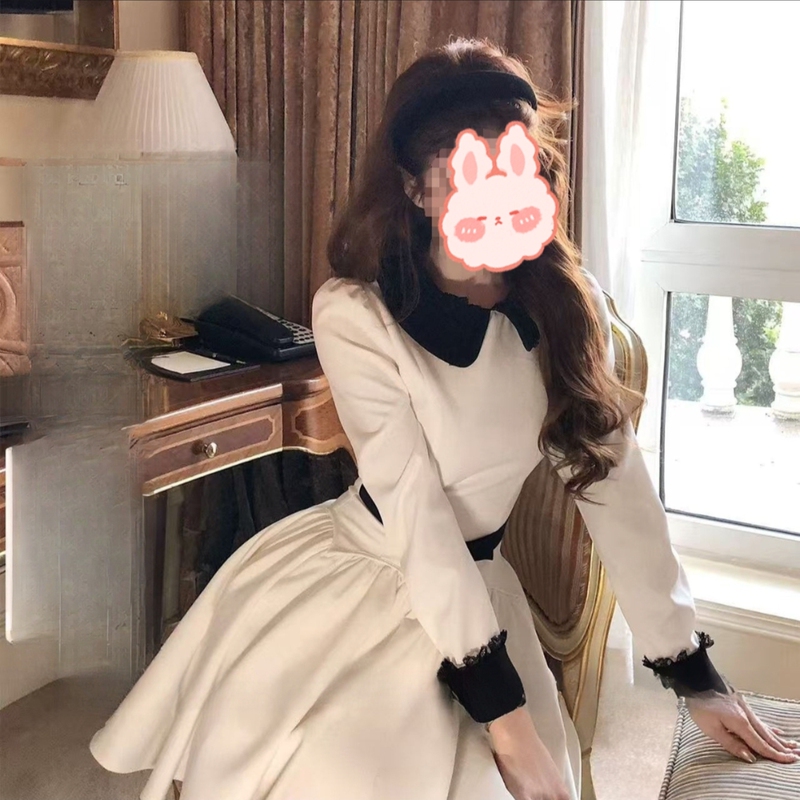 Audrey Classic Color-Blocked Hepburn Dress with Doll Collar, Bow, Slimming Tie-Up Dress