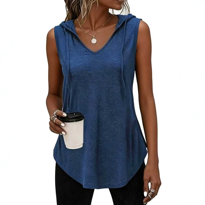 2026 Spring and Summer Cross-Border European and American Women's Clothing New Foreign Trade Fashion Casual V-Neck Sleeveless Hooded Women's Top T-Shirt 2026 Spring and Summer Cross-Border European and American Women's Clothing New Foreign Trade Fashion Casual V-Neck Sleeveless Hooded Women's Top T-Shirt