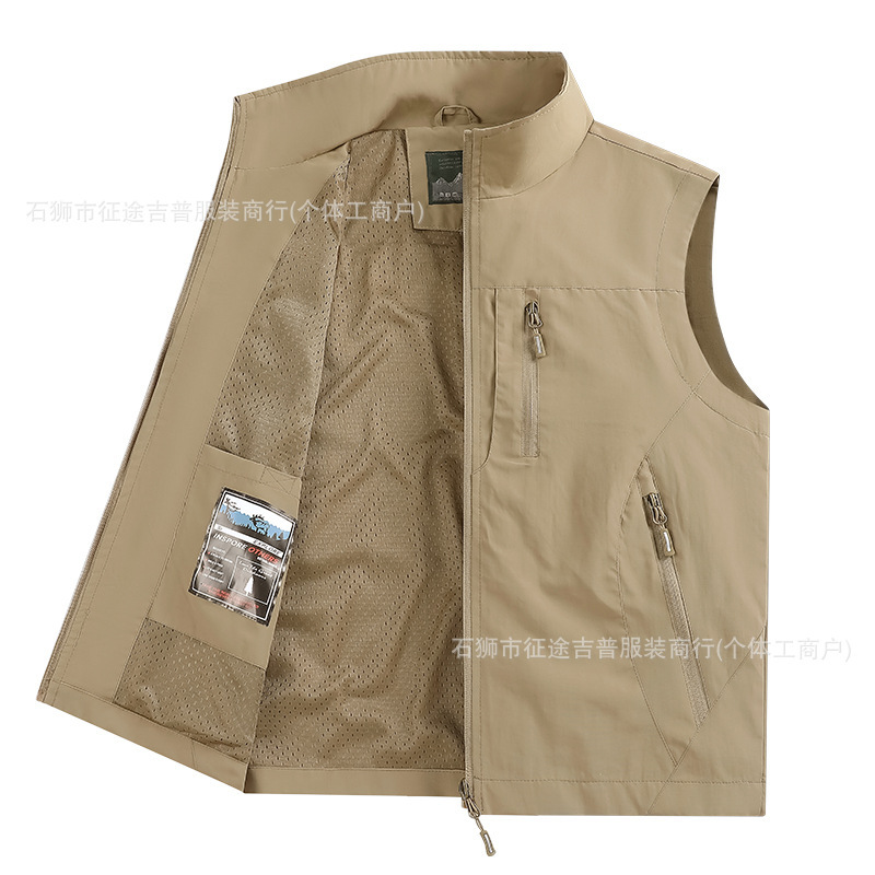 Men's stand-up collar spring/autumn cross-border vest, casual multi-pocket top, outdoor photography and fishing vest, men's style