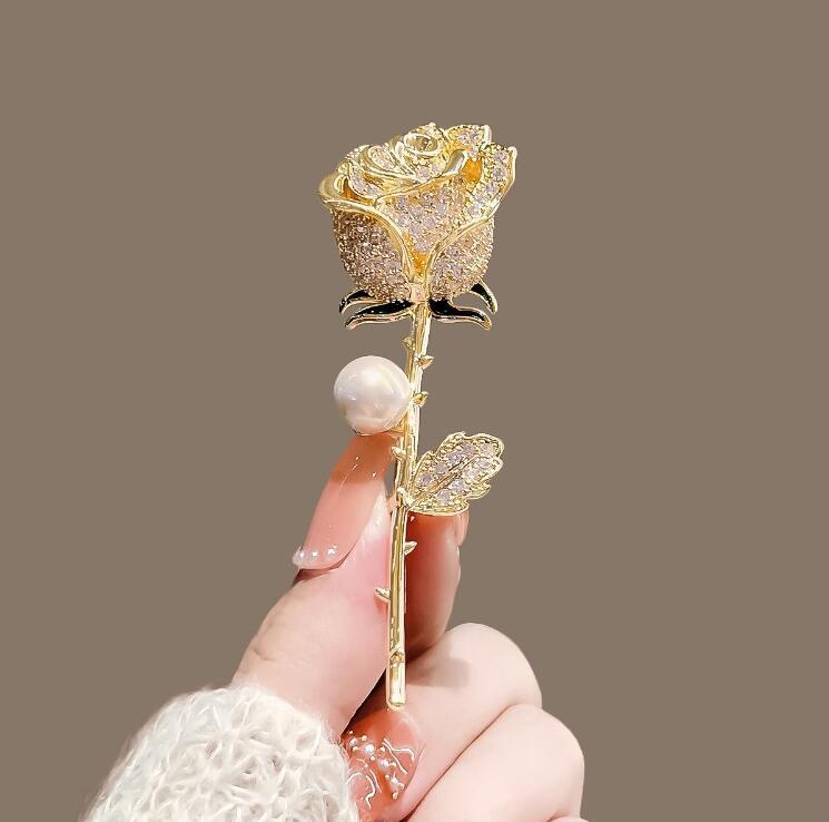 Golden Rose Brooch with Diamond & Pearl Accents