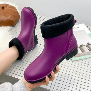 South Korea autumn and winter fleece-lined cotton rain shoes women's waterproof shoes warm short tube medium tube rubber shoes overshoes fashion tide rain boots women