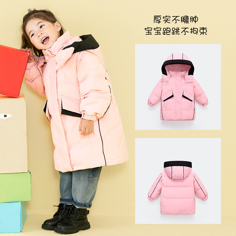 Chubby elefante invierno niños y niñas ropa infantil chaqueta infantil mediana y grande para niños color a juego con capucha cálido pato blanco abajo abrigo largo