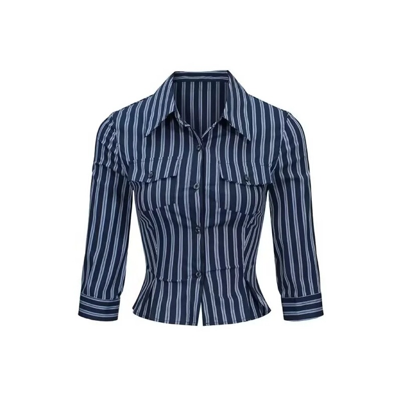 American-style hot girl polo collar blue striped long-sleeved shirt Women's Spring and Autumn design tight waist slim bottoming shirt top American-style hot girl polo collar blue striped long-sleeved shirt Women's Spring and Autumn design tight waist slim bottoming shirt top