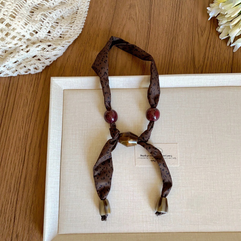 美拉德咖色豹纹串珠丝巾项链女复古小众设计感可调节毛衣链配饰品|undefined