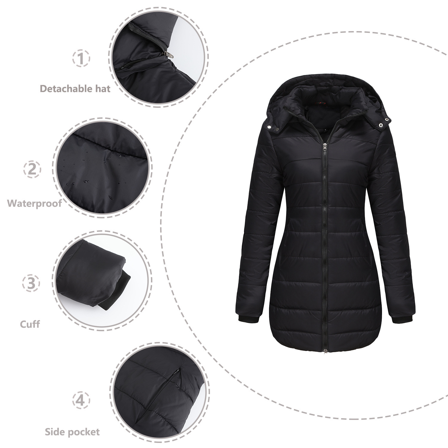Abrigo de invierno para mujer con capucha extraíble parka impermeable_voghion.com