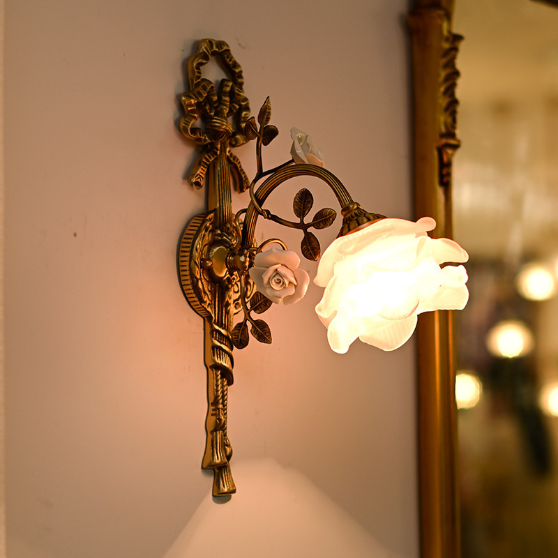 French-Style Vintage Bedroom All-Copper Wall Lamp, Mid-Century Style Living Room Pastoral Palace European Floral Background Wall Ambiance Wall Lamp